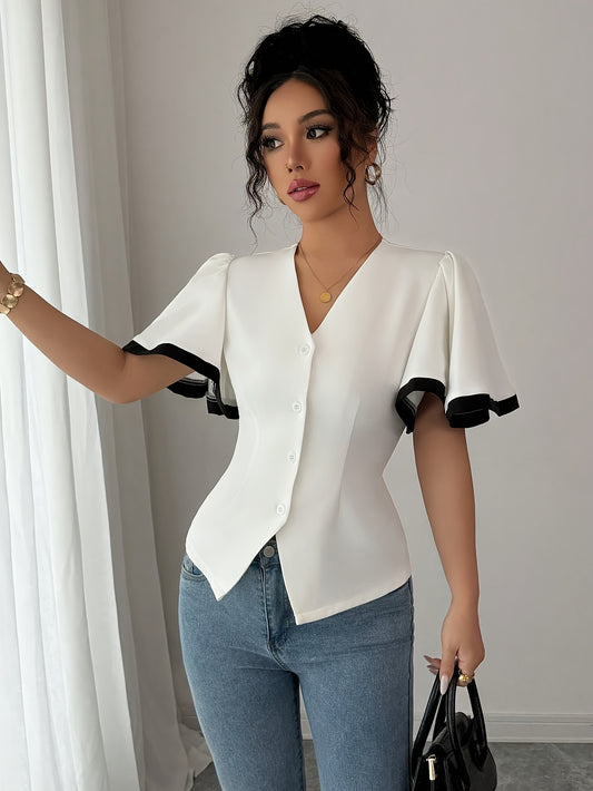 'MONARISE' SCULPTED FLUTTER-SLEEVE BLOUSE