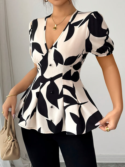 'NOIRLEAF' PUFF SLEEVE PEPLUM BLOUSE