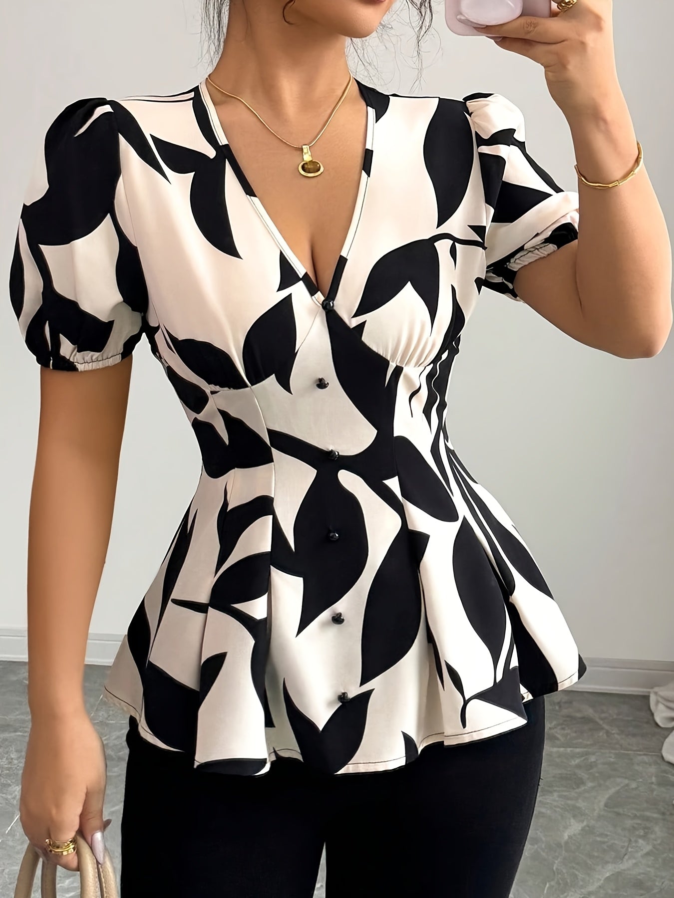 'NOIRLEAF' PUFF SLEEVE PEPLUM BLOUSE