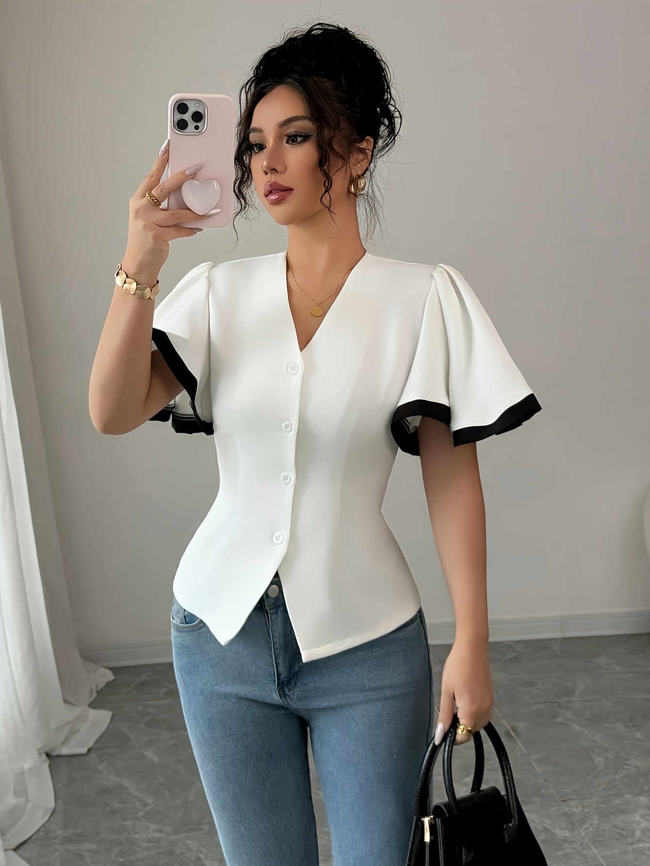 'MONARISE' SCULPTED FLUTTER-SLEEVE BLOUSE