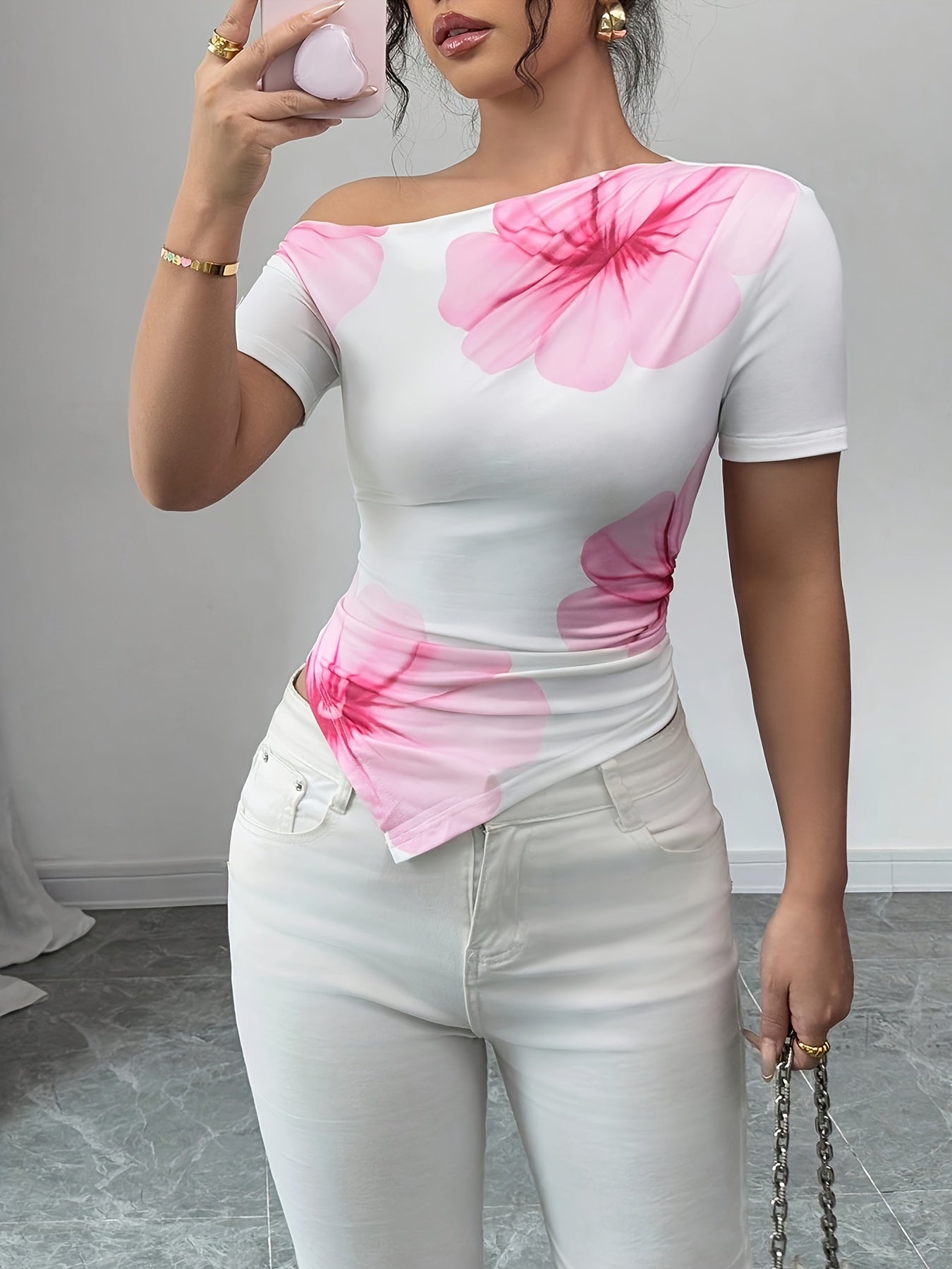 'BLOSSIMA' ONE-SHOULDER FLORAL RUCHED TOP