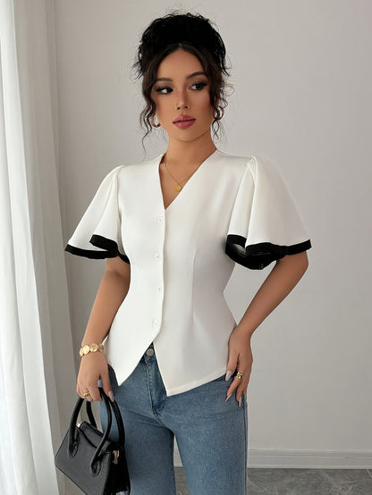 'MONARISE' SCULPTED FLUTTER-SLEEVE BLOUSE
